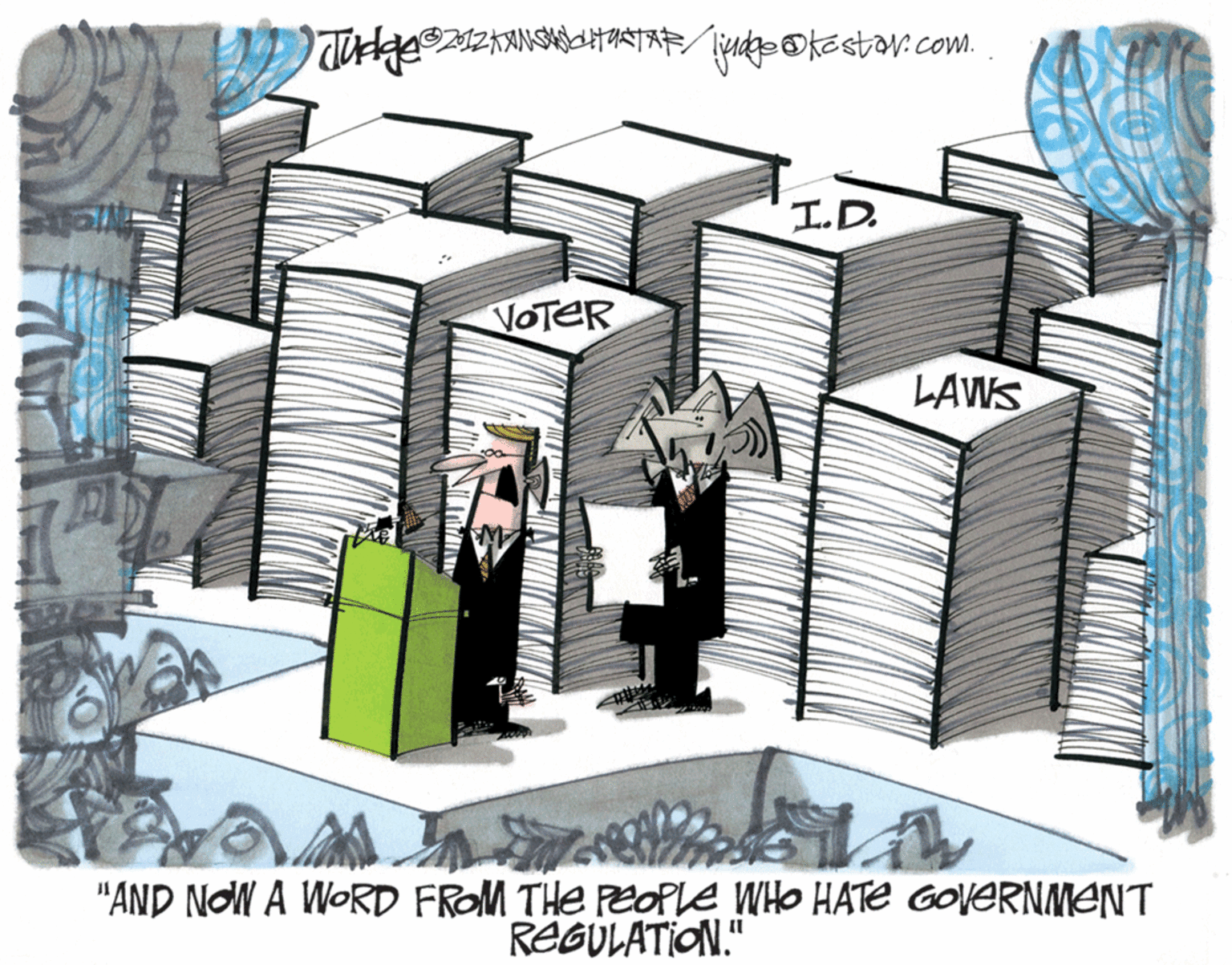 Artwork OCR: I.D. VOTER LAWS "AND NOW A WORD FROM THE PEOPLE WHO HATE GOVERNMENT REGULATION." I.D. VOTER LAWS "AND NOW A WORD FROM THE PEOPLE WHO HATE GOVERNMENT REGULATION."