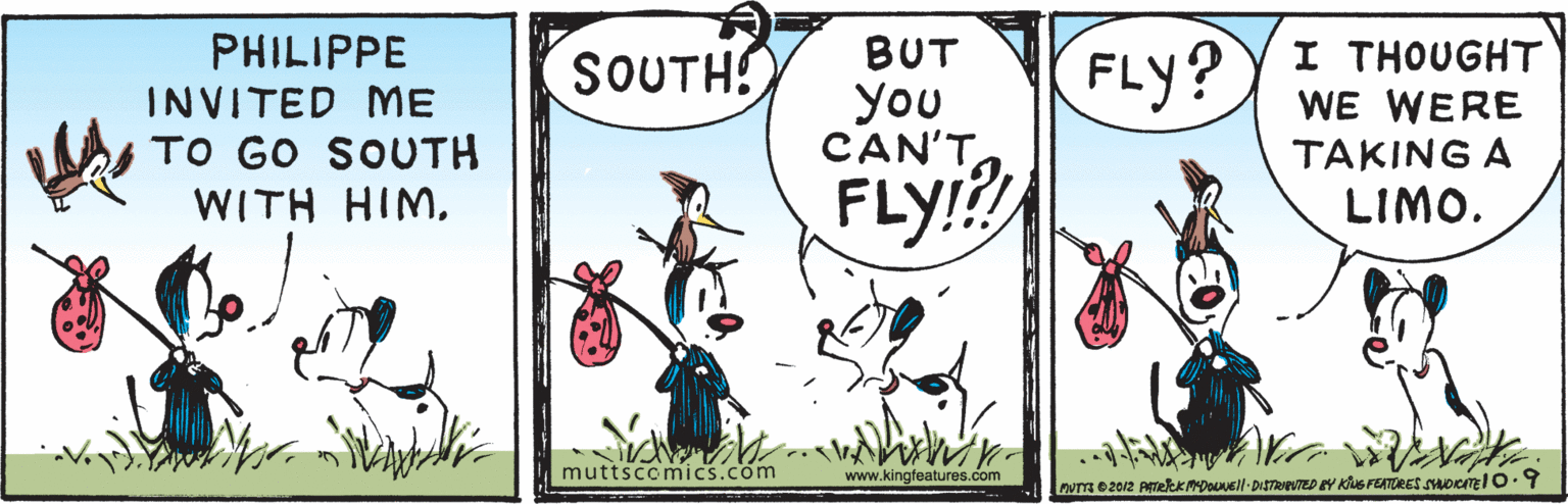 Drawing OCR: PHILIPPE INVITED ME TO GO SOUTH SOUTH BUT FLY? YI THOUGHT you CAN'T WE WERE TAKING A LIMO. FLY? WITH HIMmuttscomics.com www.kingfeatures.com PHILIPPE INVITED ME TO GO SOUTH SOUTH BUT FLY? YI THOUGHT you CAN'T WE WERE TAKING A LIMO. FLY? WITH HIMmuttscomics.com www.kingfeatures.com