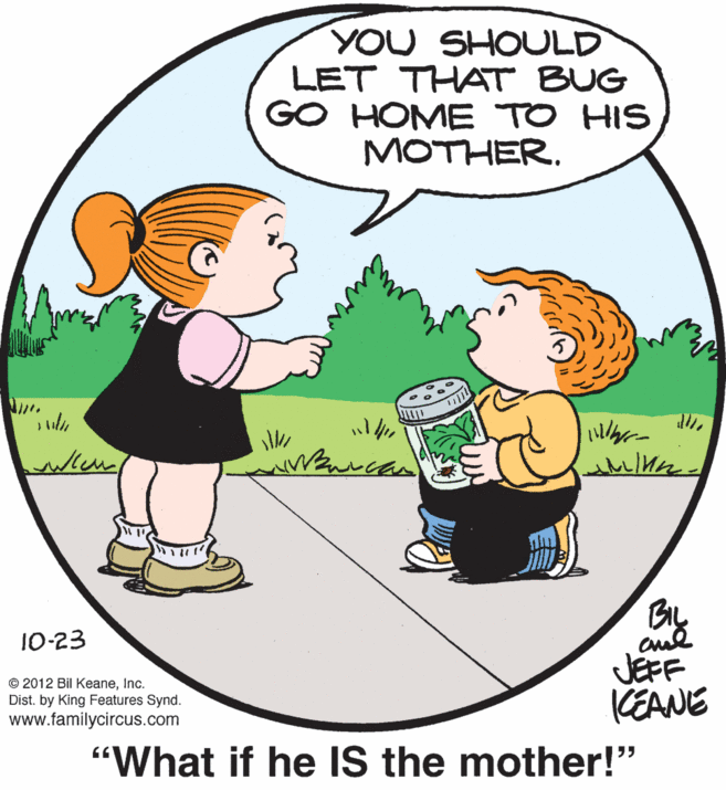 Human OCR: YOU SHOULD LET THAT BUG GO HOME TO HIS MOTHER. By JEFF KEANE 10-23 © 2012 Bil KeaneInc. Dist. by King Features Synd. www.familycircus.com "What if he IS the mother!" YOU SHOULD LET THAT BUG GO HOME TO HIS MOTHER. By JEFF KEANE 10-23 © 2012 Bil KeaneInc. Dist. by King Features Synd. www.familycircus.com "What if he IS the mother!"