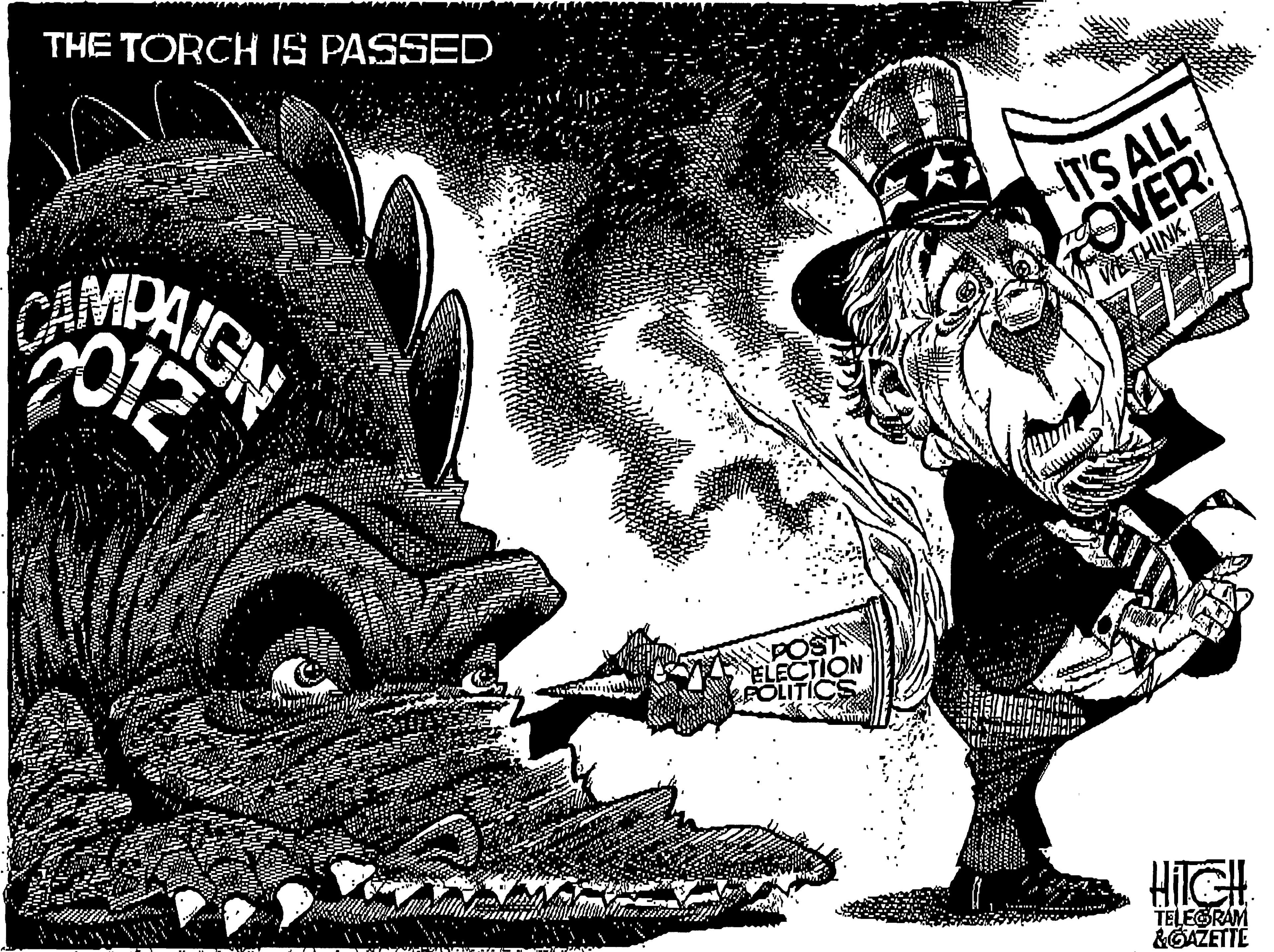Drawing OCR: THE TORCH IS PASSED 012 OVER! VE THINK HT'S ALL CTION POLIT TELEGRAM &GAŽETTE THE TORCH IS PASSED 012 OVER! VE THINK HT'S ALL CTION POLIT TELEGRAM &GAŽETTE