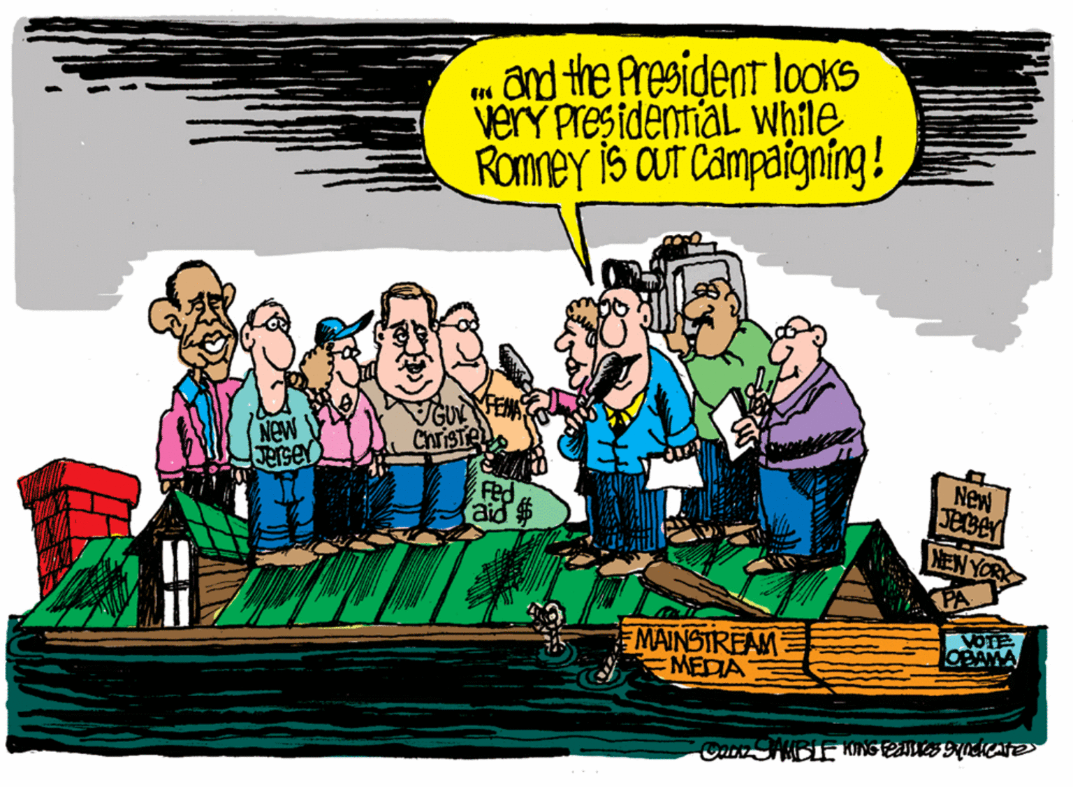 Illustration OCR: „ ônd the President looks very Presidential While Romney is aur campatgning! New JerseY GUYE ChrisTe New Jecer ENYOR aid $ MAINSTREAM MEDIA VOTE „ ônd the President looks very Presidential While Romney is aur campatgning! New JerseY GUYE ChrisTe New Jecer ENYOR aid $ MAINSTREAM MEDIA VOTE