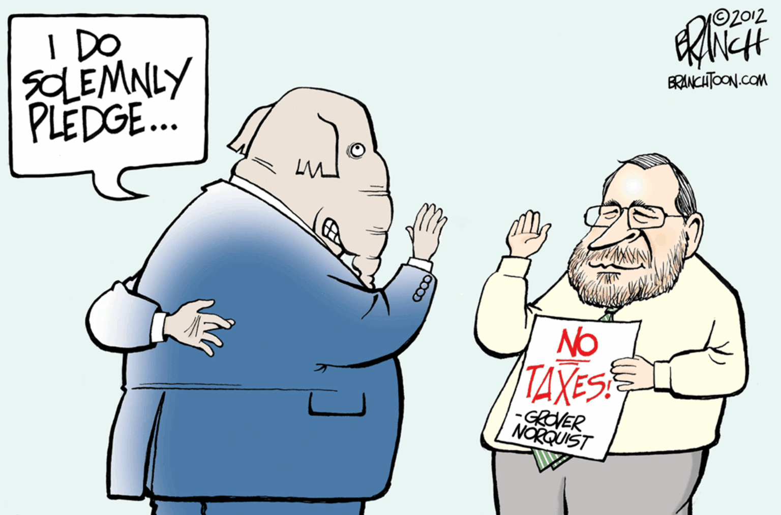 Illustration OCR: 02012 I DO SLEMNLY PLEDGE. ERANCHTOON.COM NO TAXES -GROVER NORQUIST 02012 I DO SLEMNLY PLEDGE. ERANCHTOON.COM NO TAXES -GROVER NORQUIST
