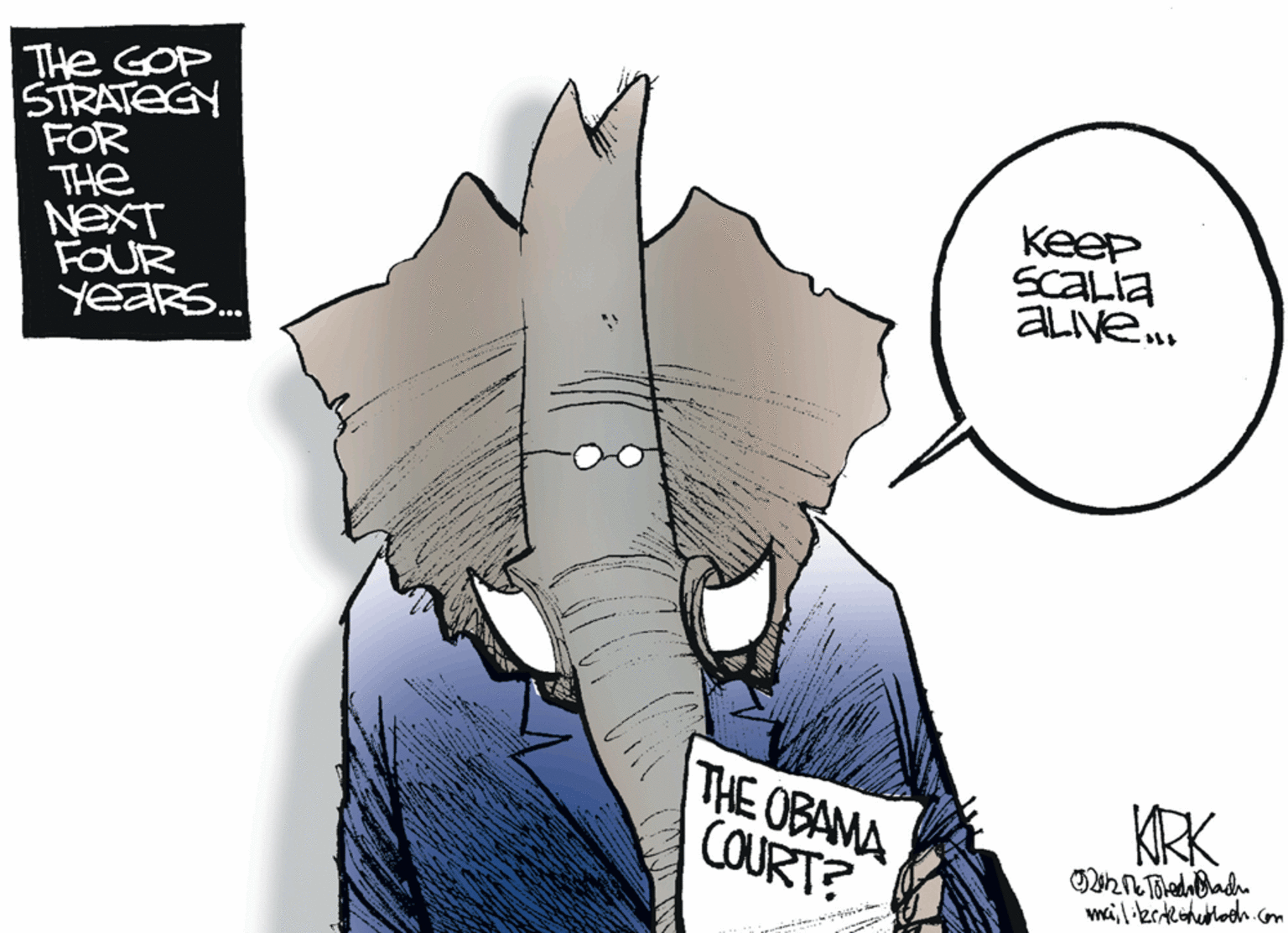 Diagram OCR: The GOP STRATEGN FOR THe NEXT FOUR YeaRS. Keep SCALIA ALINE. THE OBAMA COURT? KRK de. ti The GOP STRATEGN FOR THe NEXT FOUR YeaRS. Keep SCALIA ALINE. THE OBAMA COURT? KRK de. ti