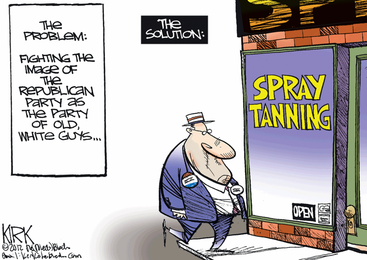 Drawing OCR: THe PROBLEM: THe SOLUTION: FIGHTING THe IMAGE OF THe REPUBLICAN PARTY as THE PARTY OF OLDWHITE GUYS.. SPRAY TANNING OPEN KRK THe PROBLEM: THe SOLUTION: FIGHTING THe IMAGE OF THe REPUBLICAN PARTY as THE PARTY OF OLDWHITE GUYS.. SPRAY TANNING OPEN KRK