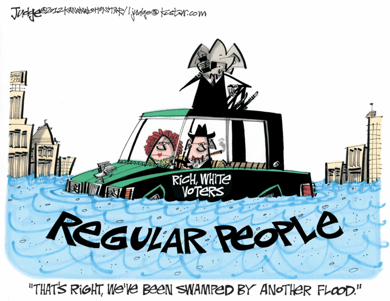 Graphics OCR: RicHWHITE VOTERS REGULAR PEORLE "THAT'S RIGHTWe've BeeN SWAMPED BY ANOTHER FLOOD." RicHWHITE VOTERS REGULAR PEORLE "THAT'S RIGHTWe've BeeN SWAMPED BY ANOTHER FLOOD."