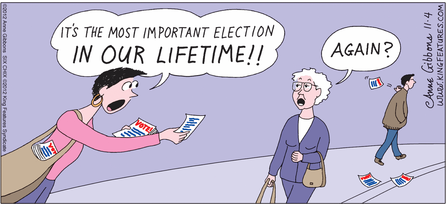 Organism OCR: IT'S THE MOST IM PORTANT ELECTION IN OUR LIFETIME!! AGAIN? ©2012 Anne Gibbons SIX CHIX @2012 King Features Syndicate eAnne Gibbons I1-4 www.KINGFEATURES.COM IT'S THE MOST IM PORTANT ELECTION IN OUR LIFETIME!! AGAIN? ©2012 Anne Gibbons SIX CHIX @2012 King Features Syndicate eAnne Gibbons I1-4 www.KINGFEATURES.COM
