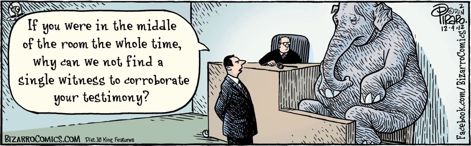 Publication OCR: If Were in the middle of the you room the whole timewhy can We not find a single witness to corroborate your testimony? BIZARROCOMICS.COM Facebook.com/BizarroComics 12.4.12 Dist Y King Features If Were in the middle of the you room the whole timewhy can We not find a single witness to corroborate your testimony? BIZARROCOMICS.COM Facebook.com/BizarroComics 12.4.12 Dist Y King Features