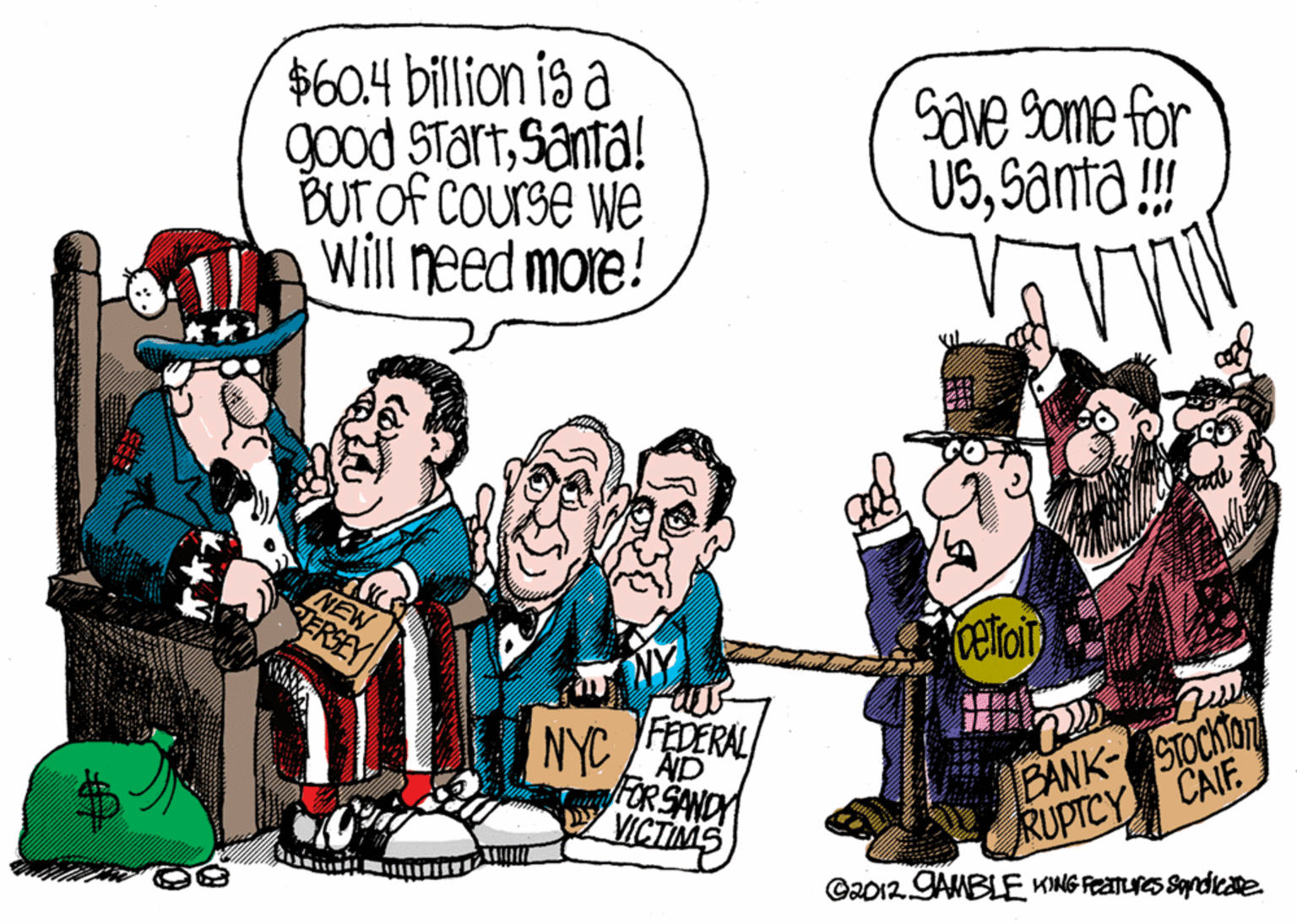 People OCR: $60.4 billion is a good STartSanta! BUTOF COurse we Will need more! Sove some for USsanta! NEW ERSEY FEDERAL NYC LAD FOR SANDY VICTIMS BANK- STOCKON RUPTCY CAIF ©2012.GAMBLE KING FeaTureS Sndieare. $60.4 billion is a good STartSanta! BUTOF COurse we Will need more! Sove some for USsanta! NEW ERSEY FEDERAL NYC LAD FOR SANDY VICTIMS BANK- STOCKON RUPTCY CAIF ©2012.GAMBLE KING FeaTureS Sndieare.