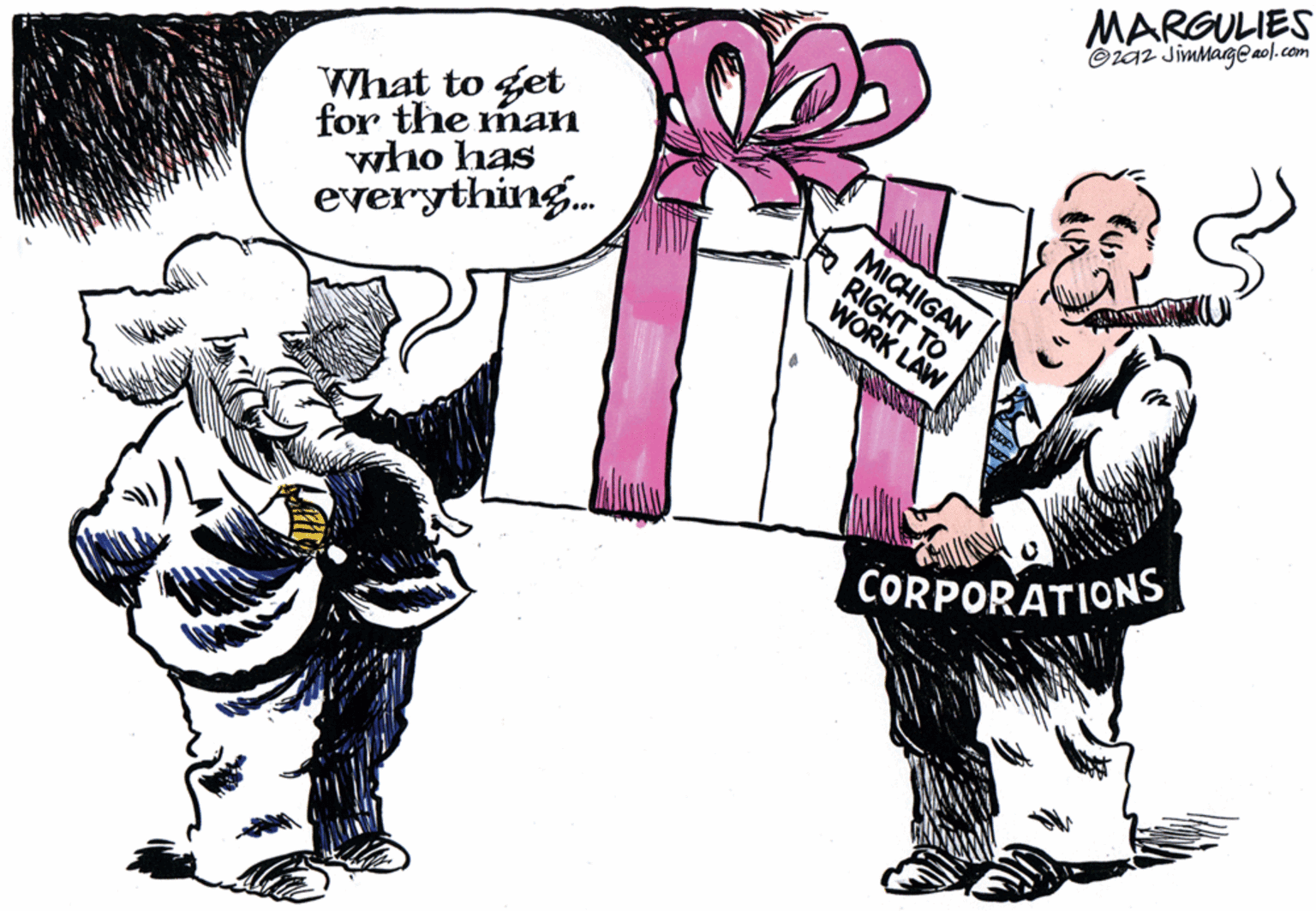 Photo caption OCR: MARGULIES ©za2 JimMarge no).com What to get for the man who has everything. MICHIGAN RIGHT TO WORK LAW CORPORATIONS MARGULIES ©za2 JimMarge no).com What to get for the man who has everything. MICHIGAN RIGHT TO WORK LAW CORPORATIONS