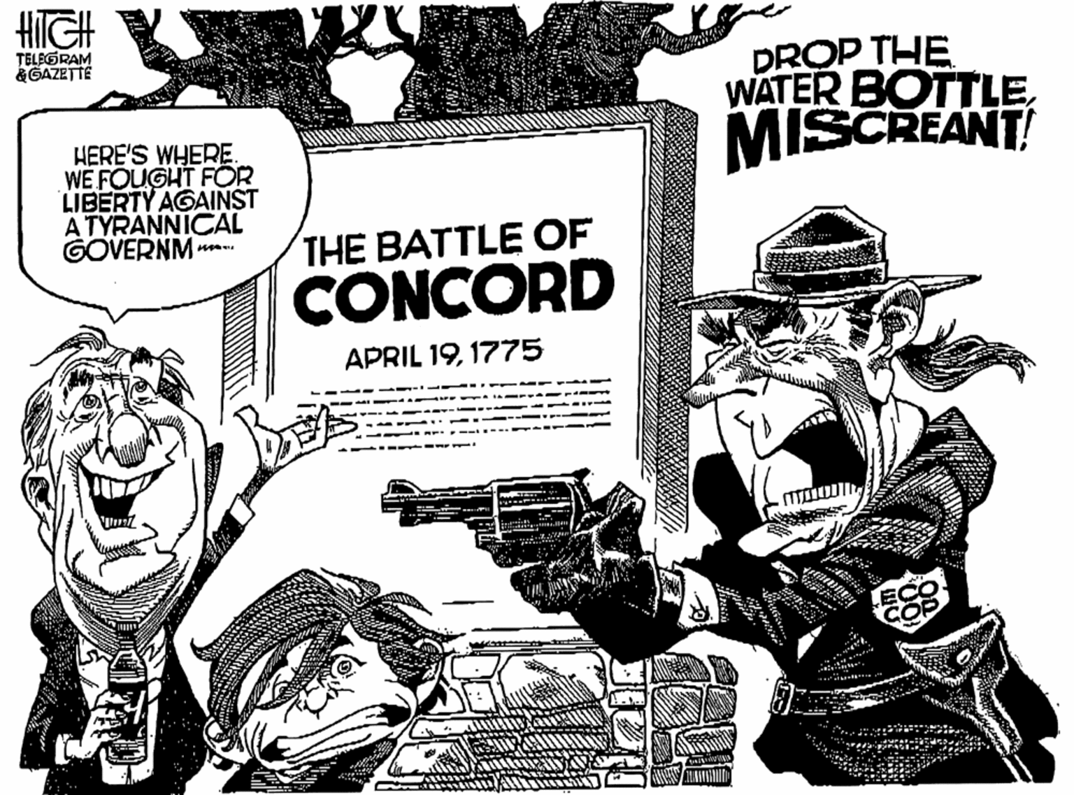 Comic book OCR: HIIGH TELEGRAM &GAZETTÉ DROP THE WATER BOTTLEMISCREANT! HERE'S WHERE. WE FOUGHT FÖR LIBERTY AGAINST A TYRANNICAL GOVERNM - THE BATTLE OF CONCORD APRIL 191775 LA HIIGH TELEGRAM &GAZETTÉ DROP THE WATER BOTTLEMISCREANT! HERE'S WHERE. WE FOUGHT FÖR LIBERTY AGAINST A TYRANNICAL GOVERNM - THE BATTLE OF CONCORD APRIL 191775 LA