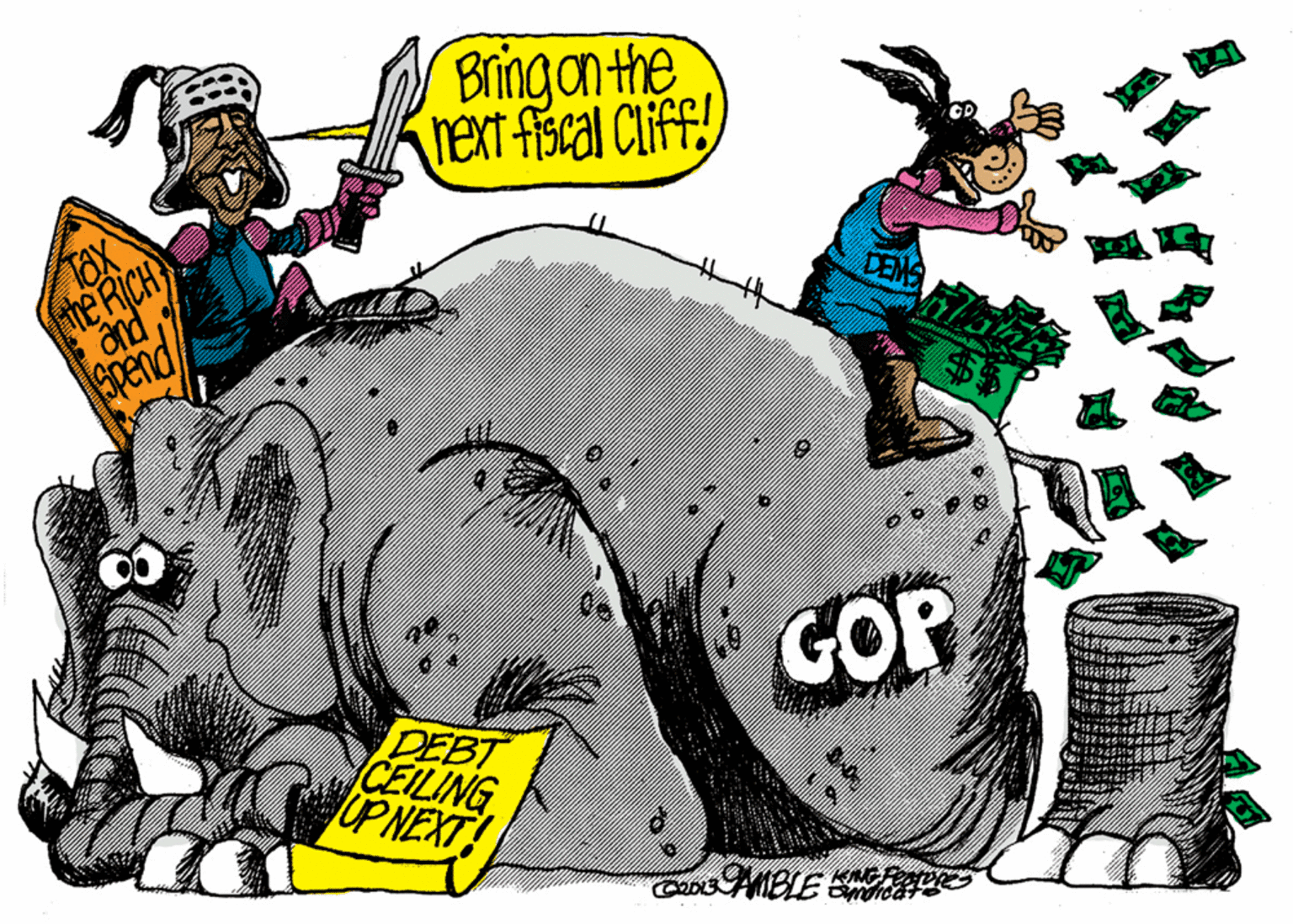 Illustration OCR: Bringan the hext fiscal Ciff! TOX he RICH and Spend GOP DEBT CEILING UP NEXT! Bringan the hext fiscal Ciff! TOX he RICH and Spend GOP DEBT CEILING UP NEXT!