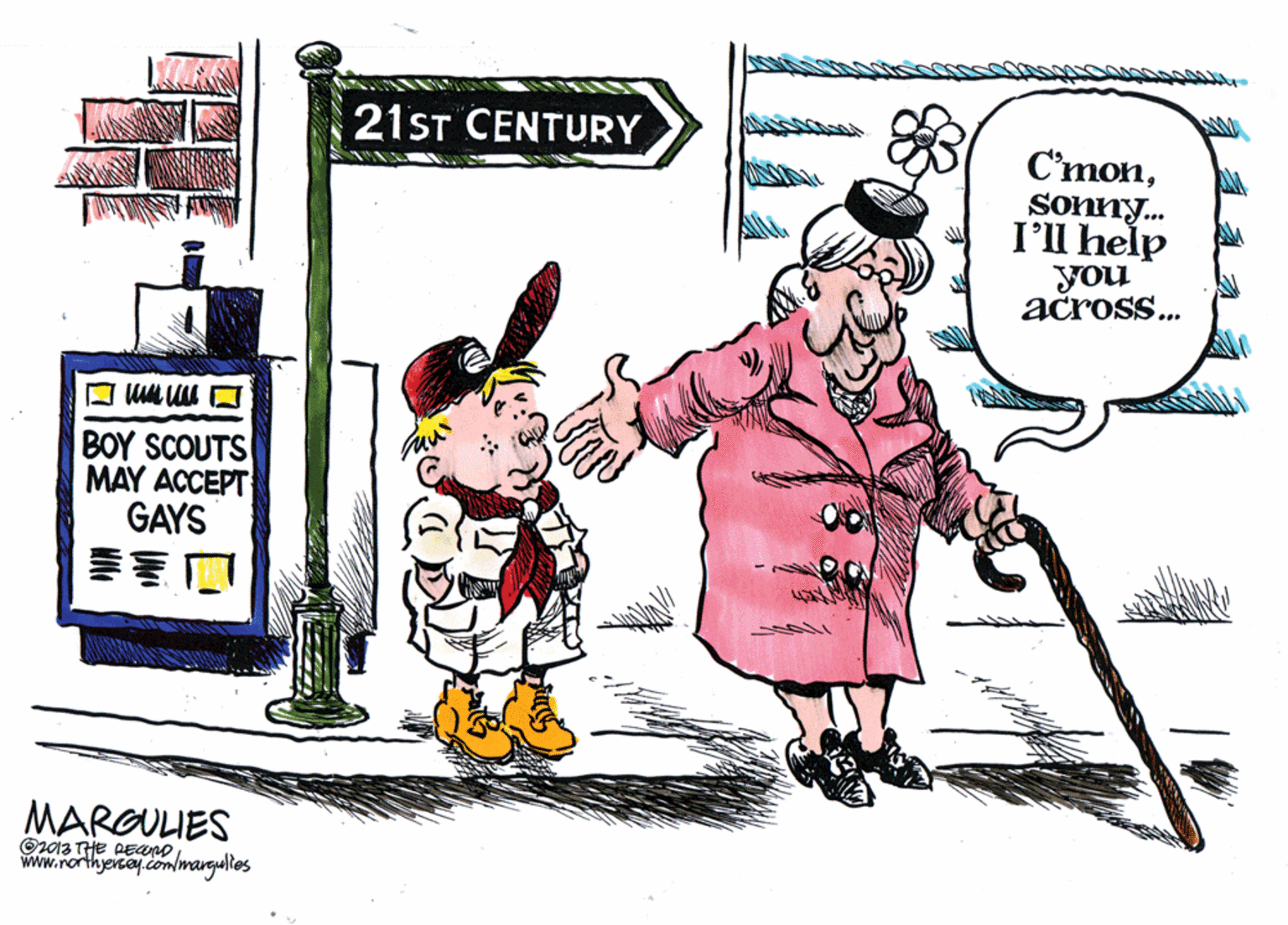 Graphics OCR: 21ST CENTURY C'monSonny. I'll help you across... BOY SCOUTS MAY ACCEPT GAYS MARGULIES www.rorthjercay.com/wargules 21ST CENTURY C'monSonny. I'll help you across... BOY SCOUTS MAY ACCEPT GAYS MARGULIES www.rorthjercay.com/wargules