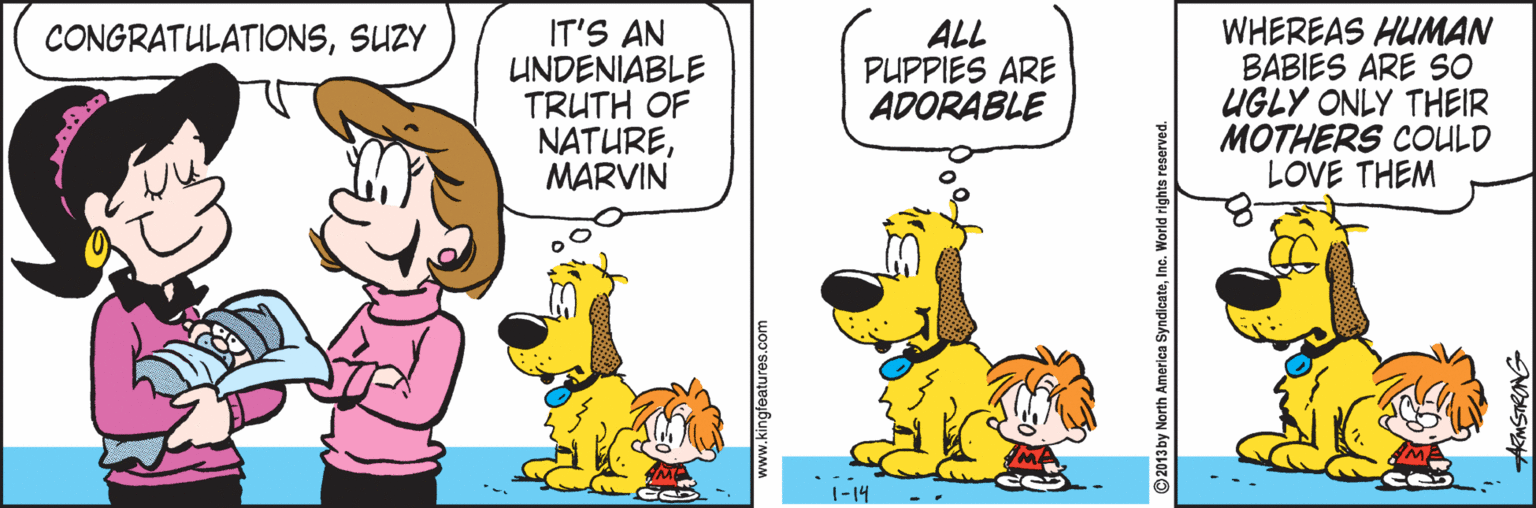 Animated cartoon OCR: IT'S AN UNDENIABLE TRUTH OF NATUREMARVIN ALL PUPPIES ARE ADORABLE WHEREAS HUMAN BABIES ARE SO UGLY ONLY THEIR MOTHERS COULD LOVE THEM CONGRATULATIONSSUZY 1-14 www.kingfeatures.com 2013by North America SyndicateInc. World rights r AkMSTRONG IT'S AN UNDENIABLE TRUTH OF NATUREMARVIN ALL PUPPIES ARE ADORABLE WHEREAS HUMAN BABIES ARE SO UGLY ONLY THEIR MOTHERS COULD LOVE THEM CONGRATULATIONSSUZY 1-14 www.kingfeatures.com 2013by North America SyndicateInc. World rights r AkMSTRONG