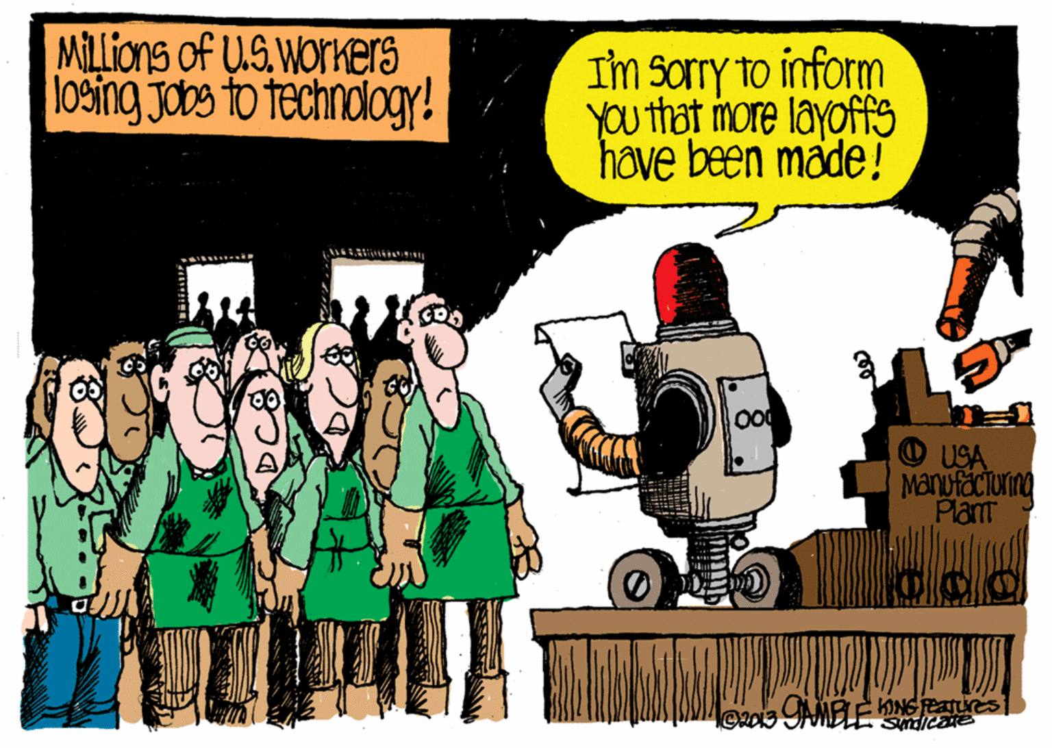 Fictional character OCR: MILLions of U.SWorkers losing jobs to technologr! Im sorry to inform YOu that more layoffS have been made! Mantaciurg Planr MILLions of U.SWorkers losing jobs to technologr! Im sorry to inform YOu that more layoffS have been made! Mantaciurg Planr
