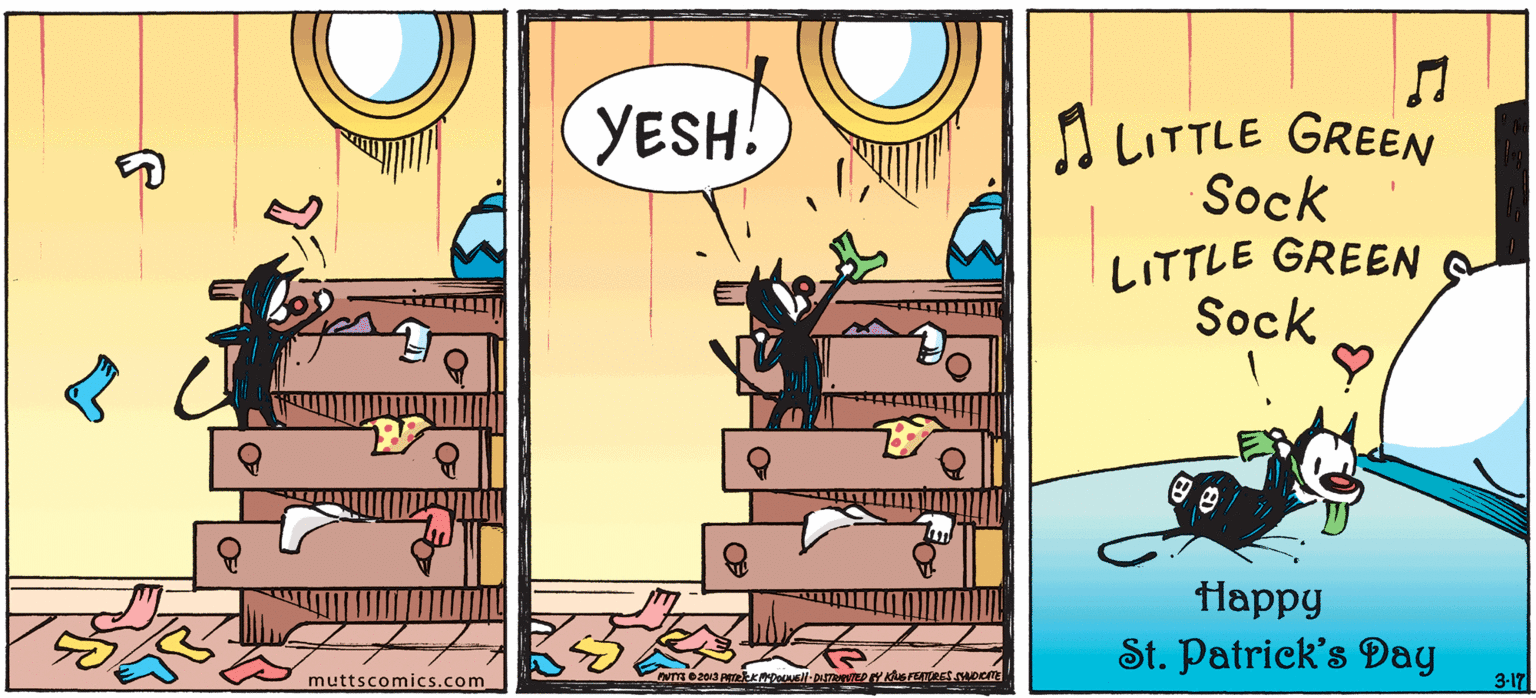 Illustration OCR: YESH! A LITTLE GREEN Sock LITTLE GREEN Sock tlappy St. Patrick's Day muttscomics.com 3-17 YESH! A LITTLE GREEN Sock LITTLE GREEN Sock tlappy St. Patrick's Day muttscomics.com 3-17