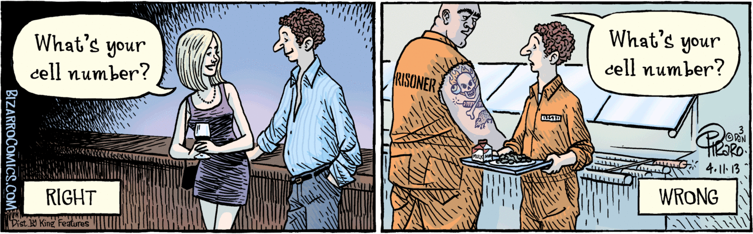 Adaptation OCR: What's What's your your cell number? cell number? RISONER RIGHT WRONG 4.11-13 BIZARROCOMICS.COM Dist. Y King features What's What's your your cell number? cell number? RISONER RIGHT WRONG 4.11-13 BIZARROCOMICS.COM Dist. Y King features