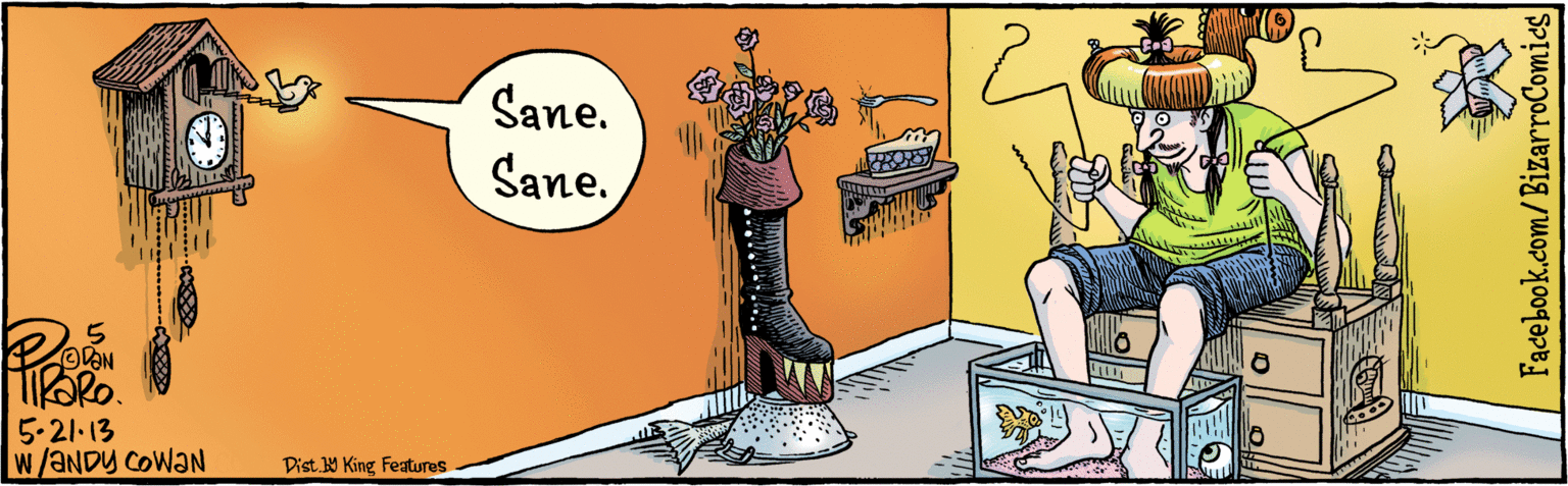 Design OCR: Sane. Sane. 5-21 -13 w/ANDY COwaN BIZARROCOMICS.COM Facebook.com/BizarroComics_ Disi Y King featuras Sane. Sane. 5-21 -13 w/ANDY COwaN BIZARROCOMICS.COM Facebook.com/BizarroComics_ Disi Y King featuras