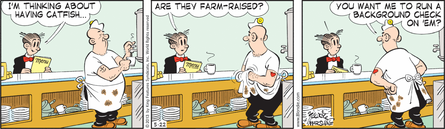 Font OCR: I'M THINKING ABOUT HAVING CATFISH... YOU WANT ME TO RUN A BACKGROUND CHECK ON 'EM? ARE THEY FARM-RAISED? menu menu www.Blondie.c I'M THINKING ABOUT HAVING CATFISH... YOU WANT ME TO RUN A BACKGROUND CHECK ON 'EM? ARE THEY FARM-RAISED? menu menu www.Blondie.c