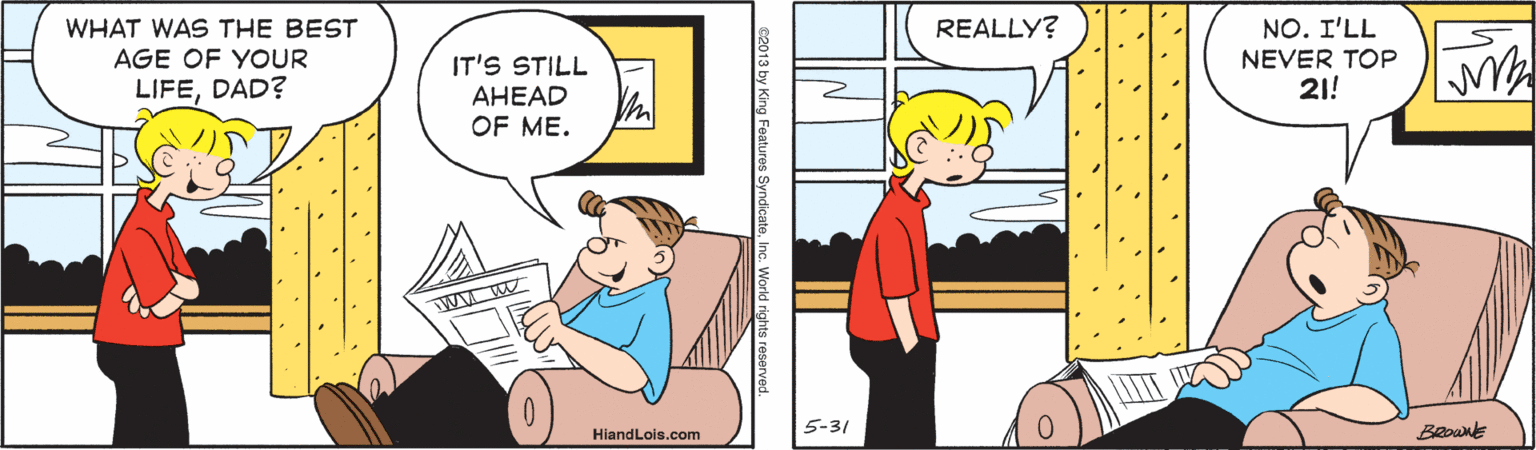 Art OCR: REALLY? NO. I'LL NEVER TOP 21! WHAT WAS THE BEST AGE OF YOUR IT'S STILL LIFEDAD? AHEAD OF ME. HiandLois.com 5-31 Beoune REALLY? NO. I'LL NEVER TOP 21! WHAT WAS THE BEST AGE OF YOUR IT'S STILL LIFEDAD? AHEAD OF ME. HiandLois.com 5-31 Beoune