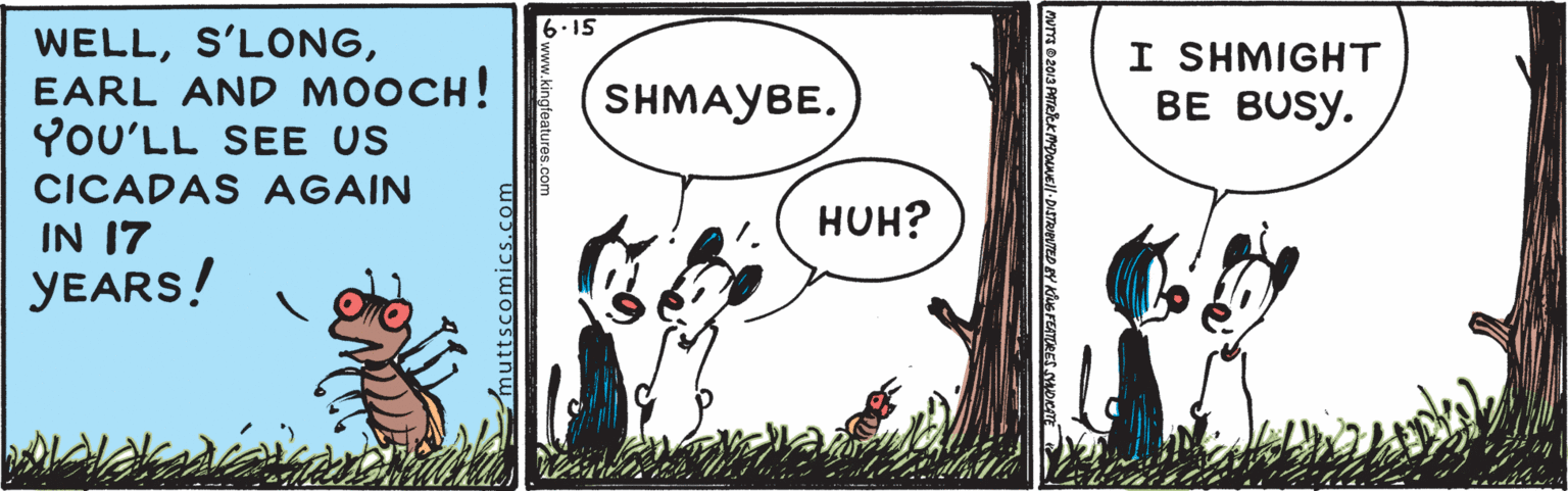 Illustration OCR: 6.15 WELLEARL AND MOOCH! YOU'LL SEE US I SHMIGHT BE BUSY. SHMAYBE. CICADAS AGAIN ???? IN 17 YEARS! nv 2013 PATRIEK DouNEll DISTRUNVTED IY KIUG reATRES SOCAr Owww.kingleatures.com muttscomics.com 6.15 WELLEARL AND MOOCH! YOU'LL SEE US I SHMIGHT BE BUSY. SHMAYBE. CICADAS AGAIN ???? IN 17 YEARS! nv 2013 PATRIEK DouNEll DISTRUNVTED IY KIUG reATRES SOCAr Owww.kingleatures.com muttscomics.com
