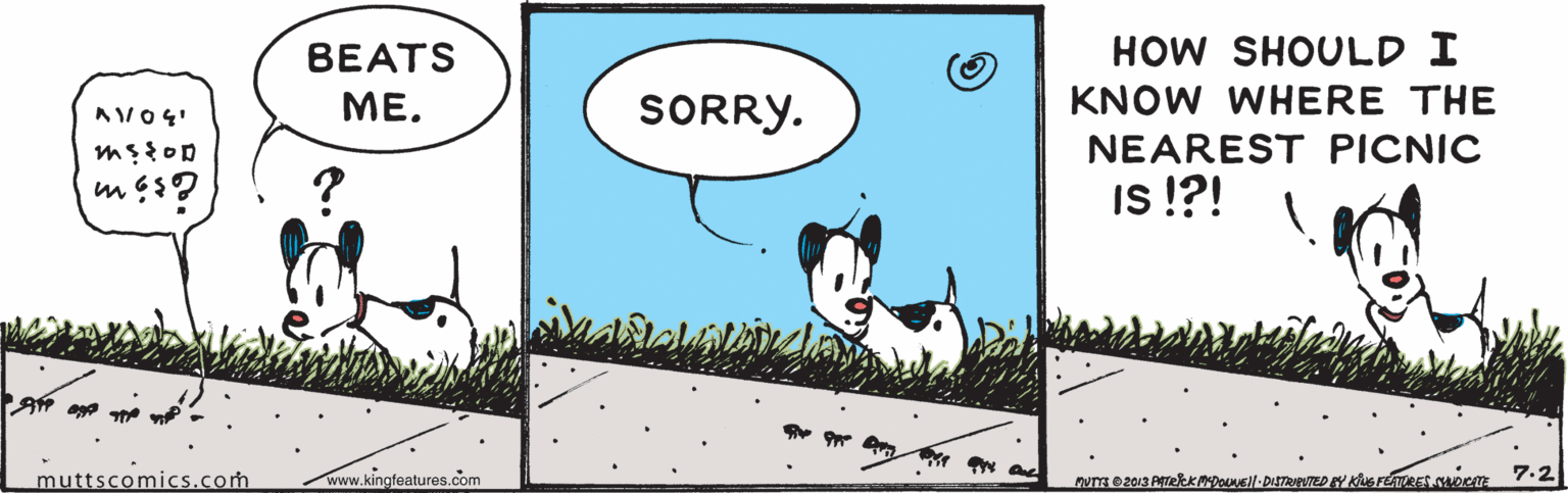 Art OCR: BEATS HOW SHOULD I ??. SORRY. KNOW WHERE THE NEAREST PICNIC Is !?! muttscomics.com www.kingfeatures.com 7.2 BEATS HOW SHOULD I ??. SORRY. KNOW WHERE THE NEAREST PICNIC Is !?! muttscomics.com www.kingfeatures.com 7.2