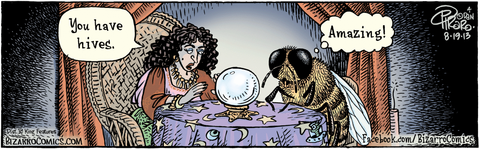 Poster OCR: BIZARROCOMICS.COM Fatebook.com/ BizarroComies You have hives. Amazing! ODON K?RO 28.19.13 Dist 19 King Features BIZARROCOMICS.COM Fatebook.com/ BizarroComies You have hives. Amazing! ODON K?RO 28.19.13 Dist 19 King Features