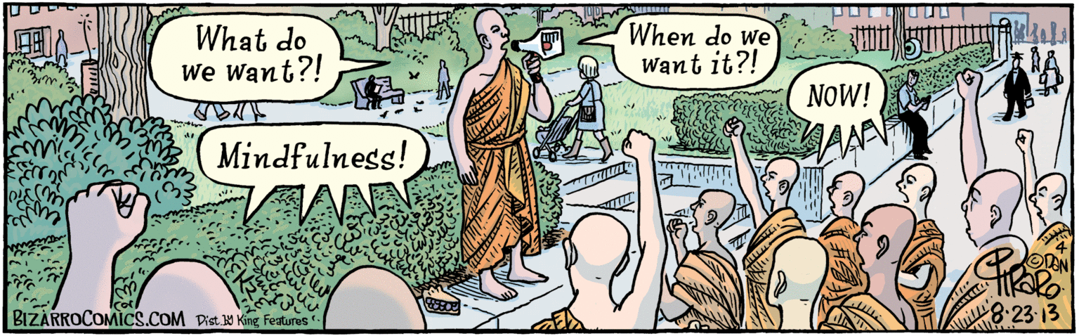 Publication OCR: W W W UI BIZARROCOMICS.COM What do We want?! Mindfulness! When do we NN Want it?! NOW! AA 3 8:23-13 Dist. Y King Features W W W UI BIZARROCOMICS.COM What do We want?! Mindfulness! When do we NN Want it?! NOW! AA 3 8:23-13 Dist. Y King Features
