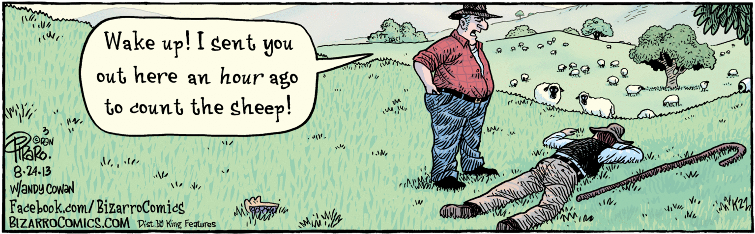 Fiction OCR: Wake up! I sent you out here an hour ago to count the sheep! OREN MaRo. 8.24-13 w/ANDY CowaN BIZARROCOMICS.COM Facebook.com/BizarroComics Dist Y King featuras Wake up! I sent you out here an hour ago to count the sheep! OREN MaRo. 8.24-13 w/ANDY CowaN BIZARROCOMICS.COM Facebook.com/BizarroComics Dist Y King featuras