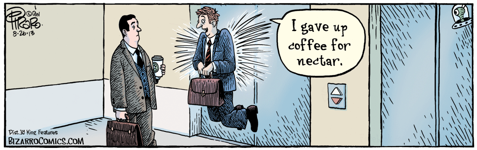 Cartoon OCR: Dist Y King Features Facebook.com/BizarroComies gave up coffee for nectar. K2 BIZARROCOMICS.COM 8.26 13 Dist Y King Features Facebook.com/BizarroComies gave up coffee for nectar. K2 BIZARROCOMICS.COM 8.26 13