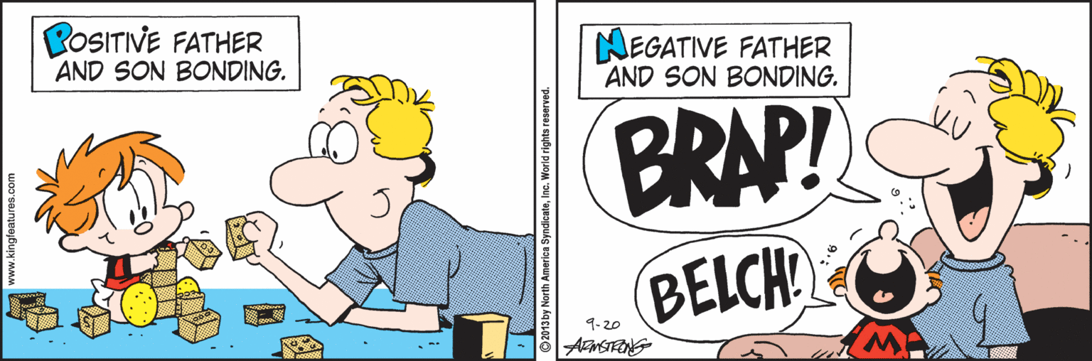 Conversation OCR: BOSITIVE FATHER AND SON BONDING. NEGATIVE FATHER AND SON BONDING. BRAP! BELCH 9-20 www.kingfeatures.com 2013 by North America SyndicateInc. World rights reserved. BOSITIVE FATHER AND SON BONDING. NEGATIVE FATHER AND SON BONDING. BRAP! BELCH 9-20 www.kingfeatures.com 2013 by North America SyndicateInc. World rights reserved.