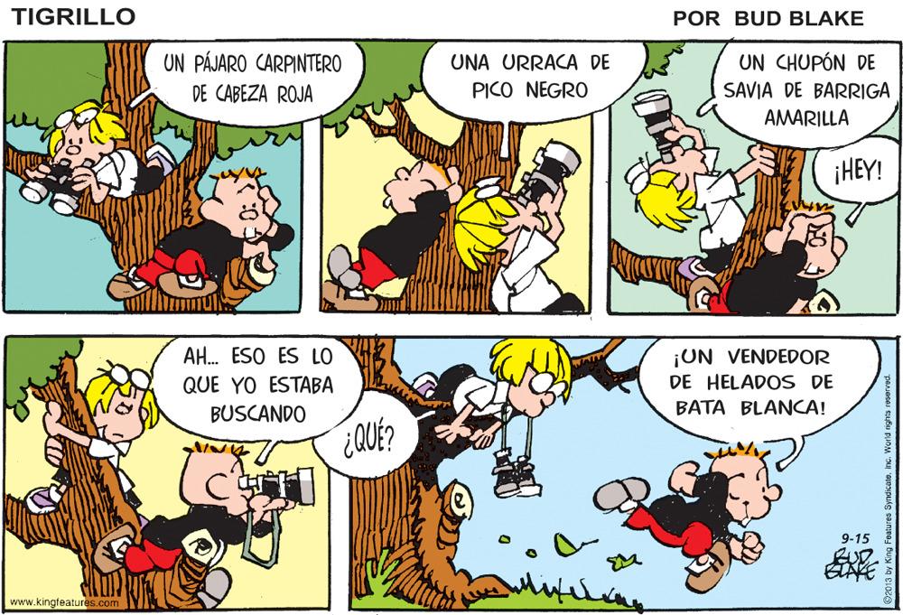Line OCR: TIGRILLO POR BUD BLAKE UN PÁJARO CARPINTERO DE CABEZA ROJA UNA URRACA DE UN CHUPÓN DE PICO NEGRO SAVIA DE BARRIGA AMARILLA ¡HEY! AH. ESO ES LO ¡UN VENDEDOR DE HELADOS DE QUE YO ESTABA BUSCANDO BATA BLANCA! 9-15 ETAKE www.kingfeatures.com TIGRILLO POR BUD BLAKE UN PÁJARO CARPINTERO DE CABEZA ROJA UNA URRACA DE UN CHUPÓN DE PICO NEGRO SAVIA DE BARRIGA AMARILLA ¡HEY! AH. ESO ES LO ¡UN VENDEDOR DE HELADOS DE QUE YO ESTABA BUSCANDO BATA BLANCA! 9-15 ETAKE www.kingfeatures.com