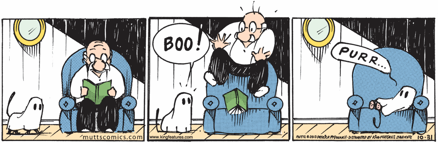 Rectangle OCR: PURR.. B00! 'muttscomics.com www.kingfeatures.com PURR.. B00! 'muttscomics.com www.kingfeatures.com