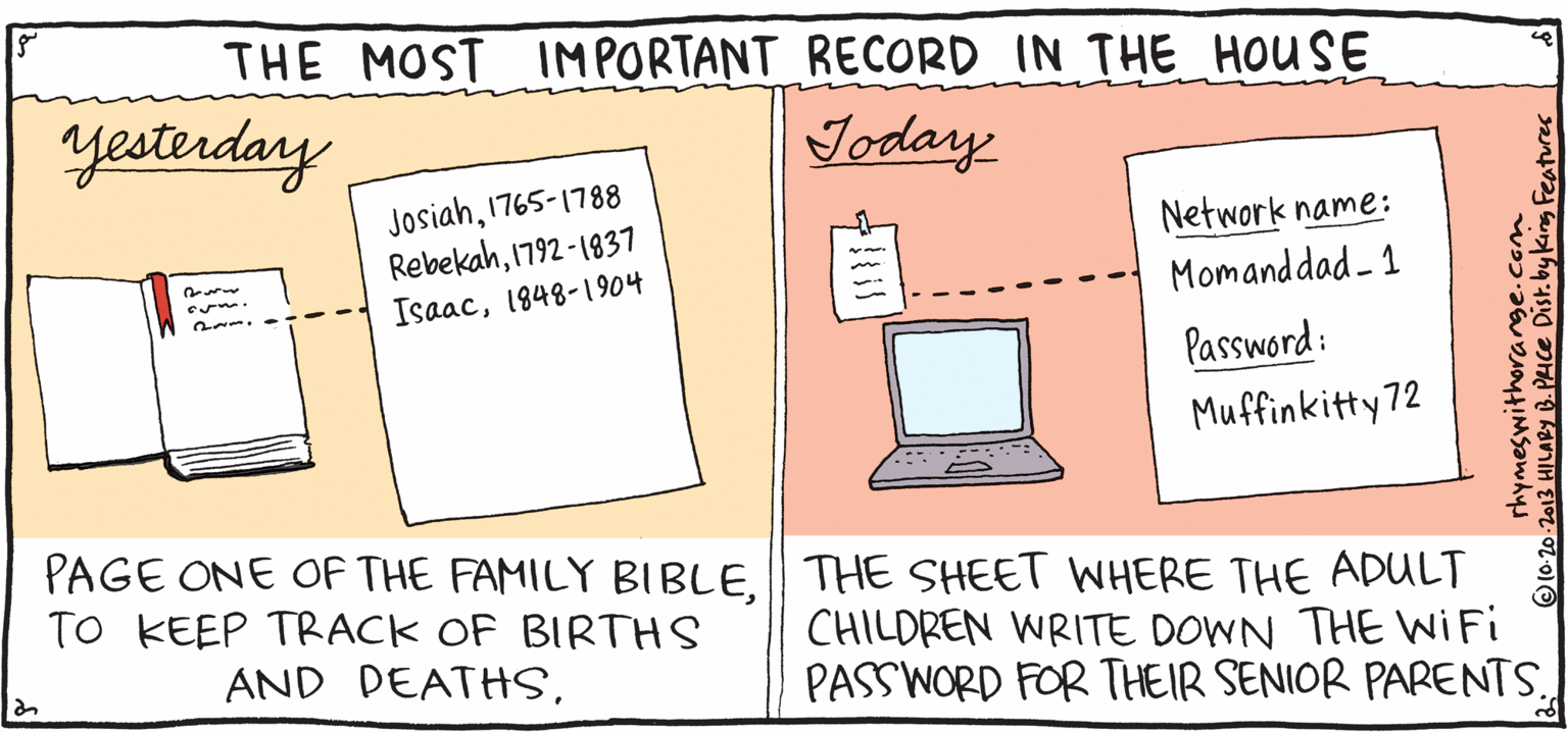 Diagram OCR: THE MOST IMPORTANT RECORD IN THE HOUSE Voday yesterday Network name: Josiah1765-1788 Rebekah1792-1931 Isaac1848-1904 & PULO Rhymes Momanddad - 1 Orange with Password: Muffinkitty 72 PAGE ONE OF THE FAMILY BIBLETHE SHEET WHERE THE ADULT CHILDREN WRITE DOWN THE WIFI by HILARY B. PRICE TO KEEP TRACK OF BIRTHS AND DEATHSPASSWORD FOR THEIR SENIOR PARENTS. rhymeswithorange.com THE MOST IMPORTANT RECORD IN THE HOUSE Voday yesterday Network name: Josiah1765-1788 Rebekah1792-1931 Isaac1848-1904 & PULO Rhymes Momanddad - 1 Orange with Password: Muffinkitty 72 PAGE ONE OF THE FAMILY BIBLETHE SHEET WHERE THE ADULT CHILDREN WRITE DOWN THE WIFI by HILARY B. PRICE TO KEEP TRACK OF BIRTHS AND DEATHSPASSWORD FOR THEIR SENIOR PARENTS. rhymeswithorange.com