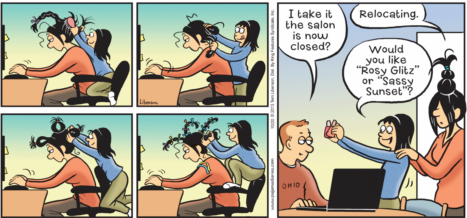 Comics OCR: I take it the salon is now closed? Relocating. Would you like "Rosy Glitz" or "Sassy Sunset"? Libenson. OH IO I take it the salon is now closed? Relocating. Would you like "Rosy Glitz" or "Sassy Sunset"? Libenson. OH IO