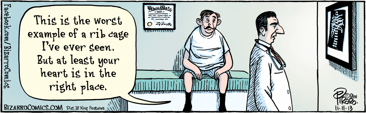 Rectangle OCR: This is the worst attempt at a rib cage I've ever seen. But at least heart your is in the right place. 11.11.13 BIZARROCOMICS.COM Dist Y King Features Facebook.com/BizarroComics This is the worst attempt at a rib cage I've ever seen. But at least heart your is in the right place. 11.11.13 BIZARROCOMICS.COM Dist Y King Features Facebook.com/BizarroComics