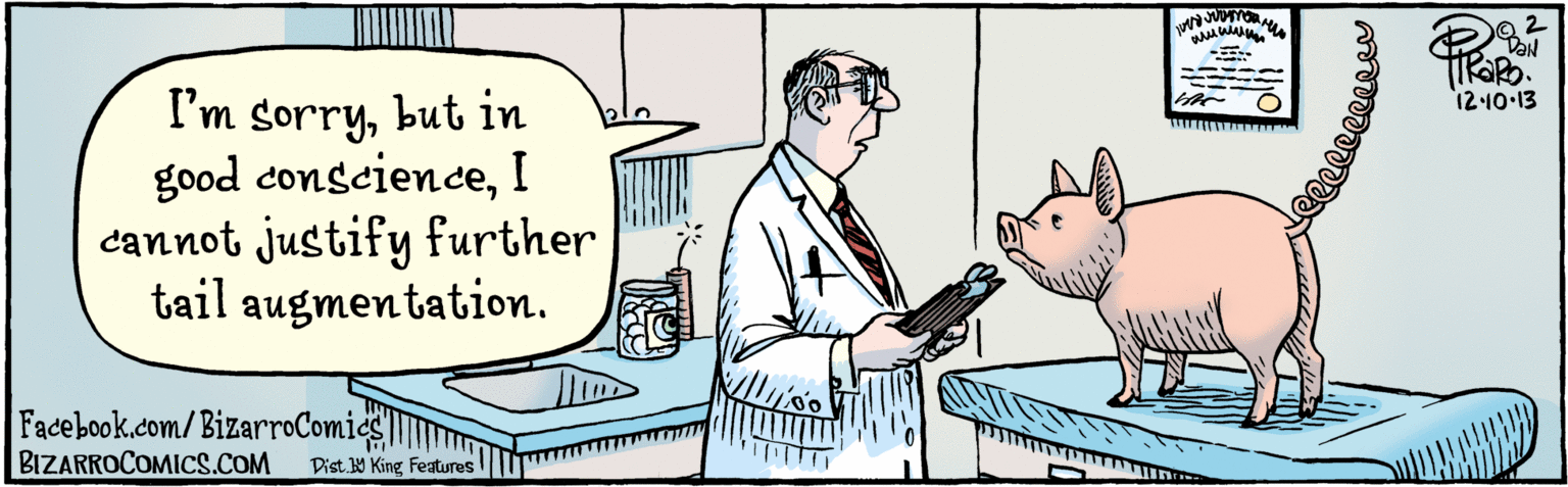 Conversation OCR: BIZARROCOMICS.COM Facebook.com/ BizarroComics I'm sorrybut in good conscienceI cannot justify further tail augmentation. ---- 12.10.13 Dist. Y King Features BIZARROCOMICS.COM Facebook.com/ BizarroComics I'm sorrybut in good conscienceI cannot justify further tail augmentation. ---- 12.10.13 Dist. Y King Features