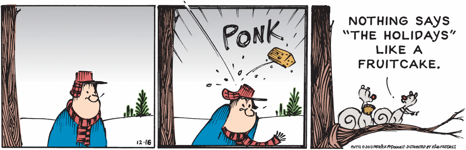 Tree OCR: PONK. NOTHING SAYS "THE HOLIDAYS" LIKE A FRUITCAKE. 12-16 numo2013 PATKADOUNEll-DISTRAVTED EY Kus FEATORES PONK. NOTHING SAYS "THE HOLIDAYS" LIKE A FRUITCAKE. 12-16 numo2013 PATKADOUNEll-DISTRAVTED EY Kus FEATORES