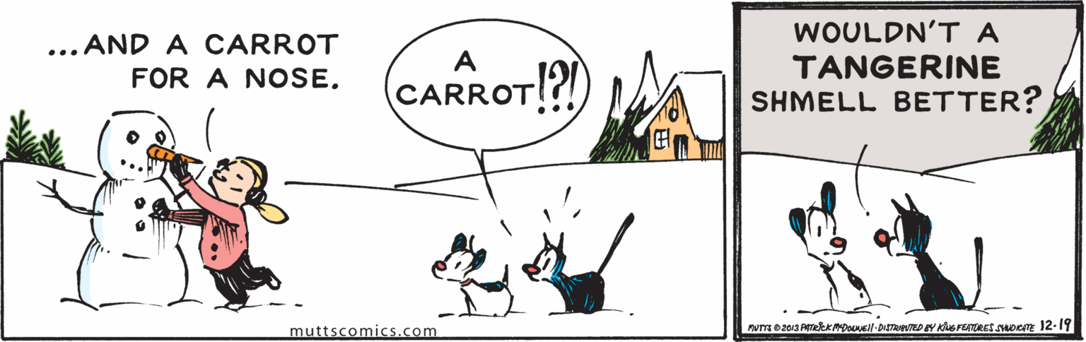 Rectangle OCR: ... AND A CARROT FOR A NOSE. (CARROT! WOULDN'TA TANGERINE SHMELL BETTER? muttscomics.com ... AND A CARROT FOR A NOSE. (CARROT! WOULDN'TA TANGERINE SHMELL BETTER? muttscomics.com