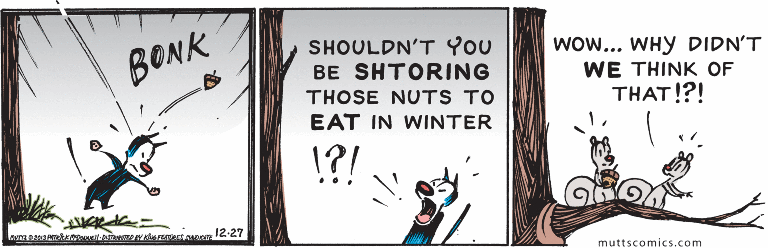 Drawing OCR: BONK SHOULDN'T You BE SHTORING Wow... WHY DIDN'T WE THINK OF THAT!?! THOSE NUTS TO EAT IN WINTER !?! 12-27 muttscomics.com BONK SHOULDN'T You BE SHTORING Wow... WHY DIDN'T WE THINK OF THAT!?! THOSE NUTS TO EAT IN WINTER !?! 12-27 muttscomics.com