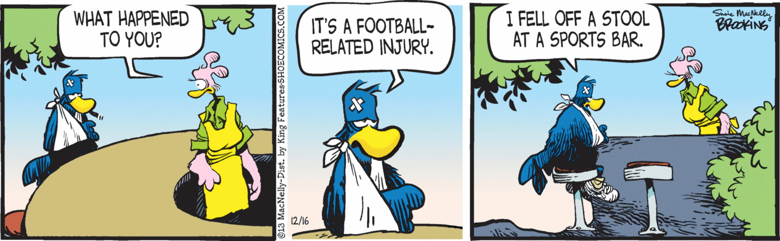 Publication OCR: WHAT HAPPENED TO YOU? IT'S A FOOTBALL- RELATED INJURY. I FELL OFF A STOOL AT A SPORTS BAR. Susie MacNeeln BrakiNG 12/16 WHAT HAPPENED TO YOU? IT'S A FOOTBALL- RELATED INJURY. I FELL OFF A STOOL AT A SPORTS BAR. Susie MacNeeln BrakiNG 12/16