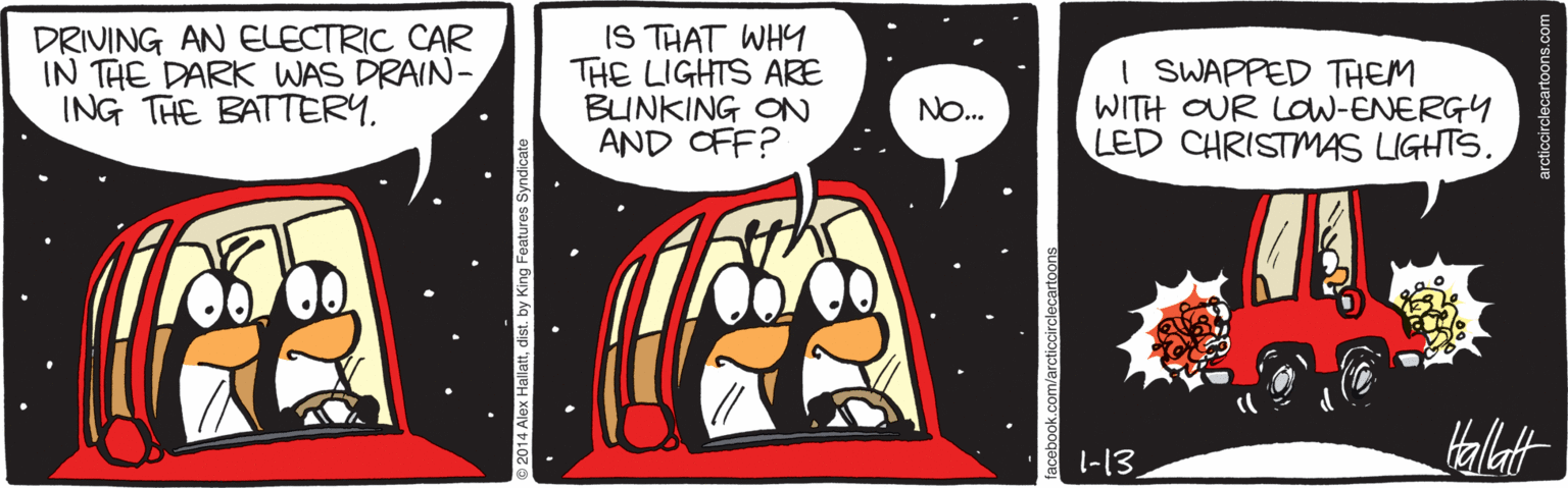 Humour OCR: DRIVING AN ELECTRIC CAR IN THE DARK WAS DRAIN- ING THE BATTERYIS THAT WHY THE LIGHTS ARE BUNKING ON AND OFF? I SWAPPED THEM WITH OUR LoW-ENERGY LED CHRISTMAS LIGHTS. NO.. Halatt 1-13 arcticcirclecartoons.com DRIVING AN ELECTRIC CAR IN THE DARK WAS DRAIN- ING THE BATTERYIS THAT WHY THE LIGHTS ARE BUNKING ON AND OFF? I SWAPPED THEM WITH OUR LoW-ENERGY LED CHRISTMAS LIGHTS. NO.. Halatt 1-13 arcticcirclecartoons.com