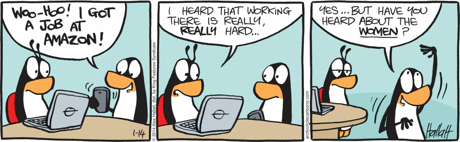 Illustration OCR: Woo-Hoo! I GOT A JOB AT AMAZON! I HEARD THAT WORKING THERE IS REALLYREALLY HARD... YES ... BUT HAVE YOU HEARD ABOUT THE WOMEN ? 1-14 Woo-Hoo! I GOT A JOB AT AMAZON! I HEARD THAT WORKING THERE IS REALLYREALLY HARD... YES ... BUT HAVE YOU HEARD ABOUT THE WOMEN ? 1-14