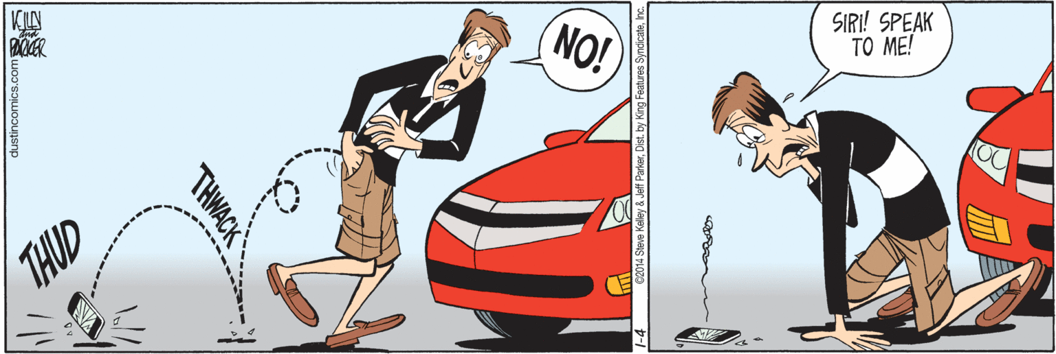 Animated cartoon OCR: KILN NO! SIRI! SPEAK TO ME! THUD dustincomics.con THWACK 2014 Steve Kelley & Jeff ParkerD KILN NO! SIRI! SPEAK TO ME! THUD dustincomics.con THWACK 2014 Steve Kelley & Jeff Parker