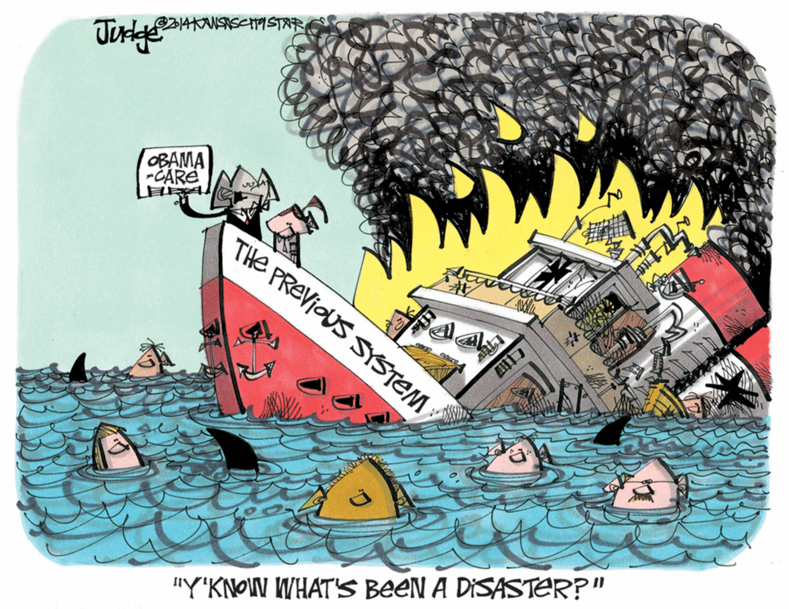Drawing OCR: 314KANSISCIMSTAR OBAMA -CARE THe PREVIOUS SYSTEM ? ? "Y'KNOIN WHATS BEEN A DISASTER?" 314KANSISCIMSTAR OBAMA -CARE THe PREVIOUS SYSTEM ? ? "Y'KNOIN WHATS BEEN A DISASTER?"