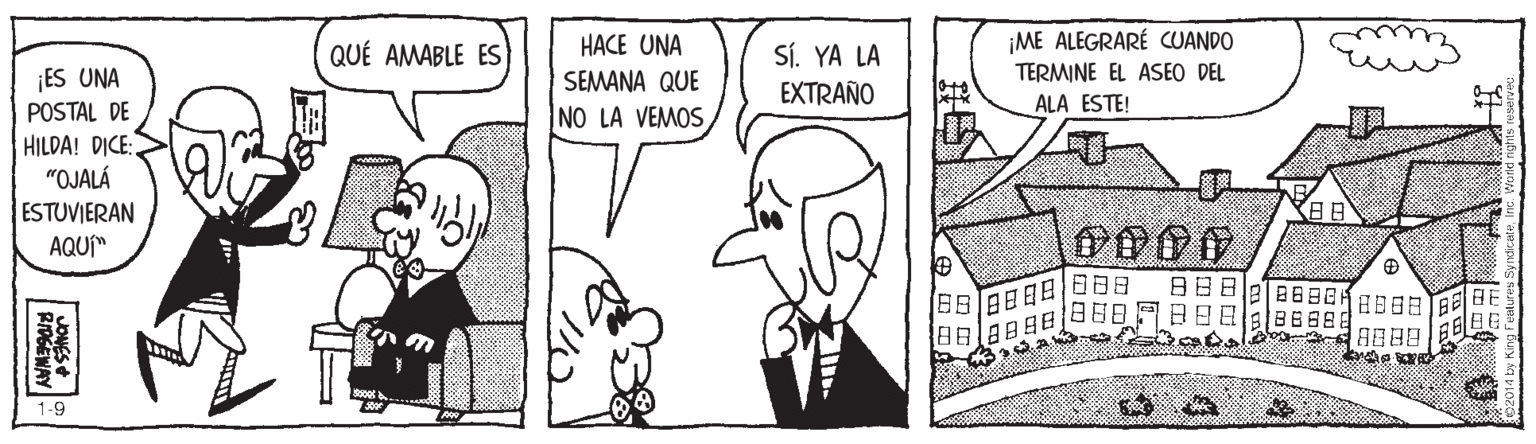 Rectangle OCR: QUÉ AMABLE ES HACE UNA ¡ME ALEGRARÉ CUANDO Sí. YA LA EXTRAÑO ¡ES UNA SEMANA QUE TERMINE EL ASEO DEL ALA ESTE! NO LA VEMOS POSTAL DE HILDA! DICE: "OJALÁ ESTUVIERAN AQU" ?? ABA 1??|??? BE 88 ??1a89?|??? 1-9 QUÉ AMABLE ES HACE UNA ¡ME ALEGRARÉ CUANDO Sí. YA LA EXTRAÑO ¡ES UNA SEMANA QUE TERMINE EL ASEO DEL ALA ESTE! NO LA VEMOS POSTAL DE HILDA! DICE: "OJALÁ ESTUVIERAN AQU" ? ? ABA 1 ? ? | ? ? ? BE 88 ?? 1a89? | ? ? ? 1-9