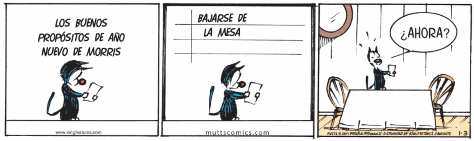 Illustration OCR: BAJARSE DE LA MESA LOS BUENOS PROPÓSITOS DE ANO NUEVO DE MORRIS ¿AHORA? WIWW.kingtaaturos.com muttscomics.com BAJARSE DE LA MESA LOS BUENOS PROPÓSITOS DE ANO NUEVO DE MORRIS ¿AHORA? WIWW.kingtaaturos.com muttscomics.com