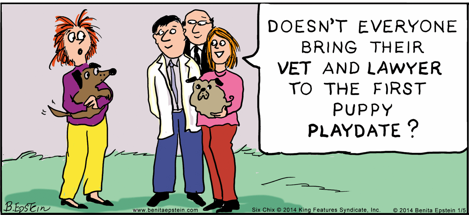 Animated cartoon OCR: DOESN'T EVERYONE BRING THEIR VET AND LAWYER TO THE FIRST PUPPY PLAYDATE ? B.EDSEIN www.benitaepstein.com Six Chix © 2014 King Features SyndicateInc © 2014 Benita Epstein 1/5 DOESN'T EVERYONE BRING THEIR VET AND LAWYER TO THE FIRST PUPPY PLAYDATE ? B.EDSEIN www.benitaepstein.com Six Chix © 2014 King Features SyndicateInc © 2014 Benita Epstein 1/5