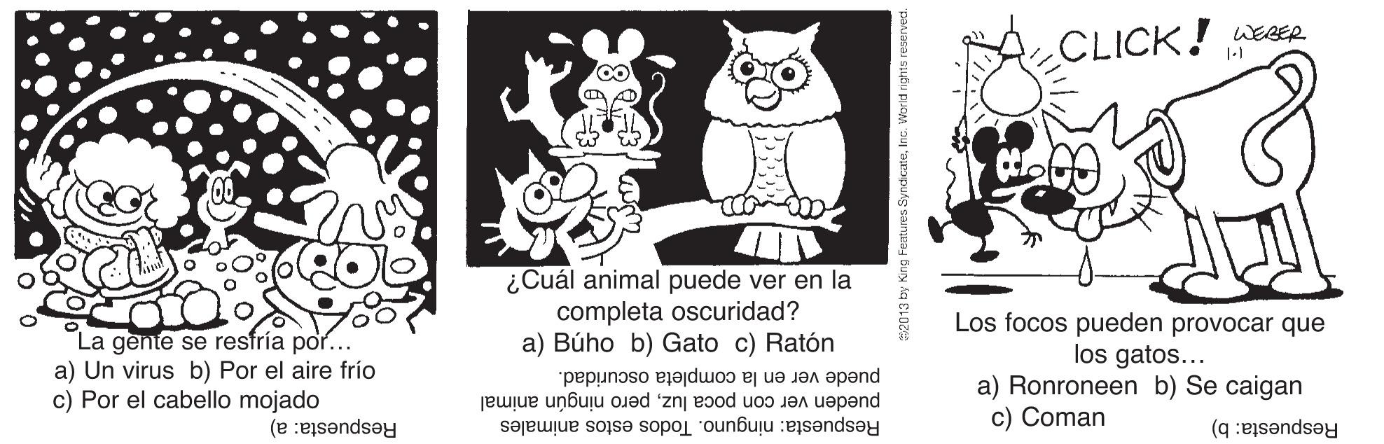 Art OCR: CLICK! wesER 1-1 La gente se resfría por... a) Un virus b) Por el aire frío c) Por el cabello mojado ¿Cuál animal puede ver en la completa oscuridad? a) Búho b) Gato c) Ratón Los focos pueden provocar que los gatos... a) Ronroneen b) Se caigan pueden ver con poca luzpero ningún animal puede ver en la completa oscuridad. c) Coman Respuesta: b) Respuesta: a) Respuesta: ninguno. Todos estos animales CLICK! wesER 1-1 La gente se resfría por... a) Un virus b) Por el aire frío c) Por el cabello mojado ¿Cuál animal puede ver en la completa oscuridad? a) Búho b) Gato c) Ratón Los focos pueden provocar que los gatos... a) Ronroneen b) Se caigan pueden ver con poca luzpero ningún animal puede ver en la completa oscuridad. c) Coman Respuesta: b) Respuesta: a) Respuesta: ninguno. Todos estos animales