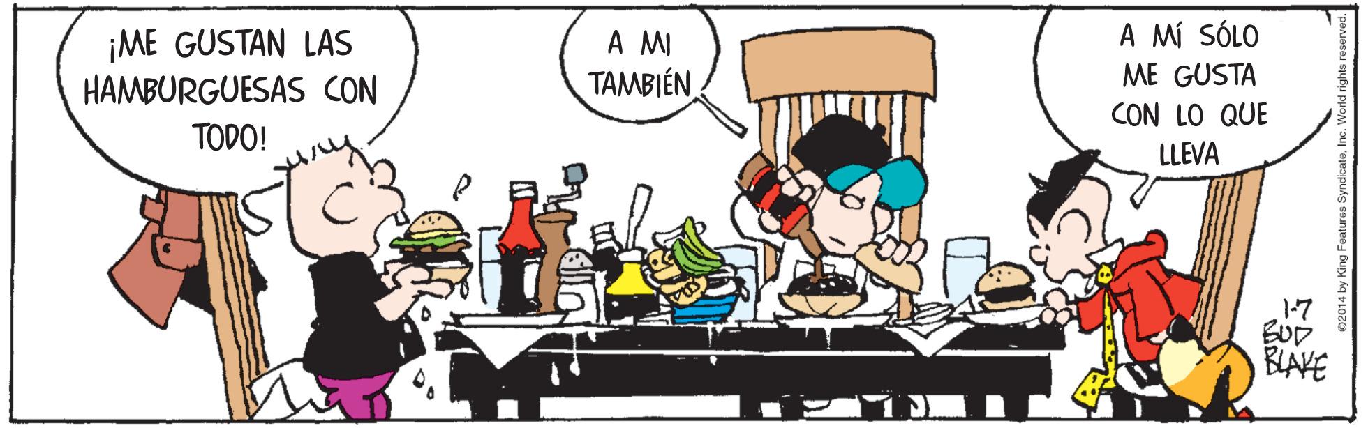 Illustration OCR: A MÍ SÓLO ¡ME GUSTAN LAS HAMBURGUESAS CON A MI TAMBIÉN ME GUSTA CON LO QUE TODO! LLEVA 1-7 BUD BLAKE A MÍ SÓLO ¡ME GUSTAN LAS HAMBURGUESAS CON A MI TAMBIÉN ME GUSTA CON LO QUE TODO! LLEVA 1-7 BUD BLAKE