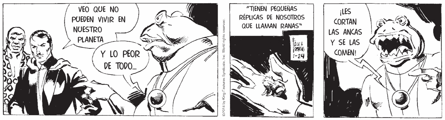 Working animal OCR: "TIENEN PEQUENAS RÉPLICAS DE NOSOTROS VEO QUE NO ¡LES PUEDEN VIVIR EN CORTAN QUE LLAMAN RANAS" NUESTRO LAS ANCAS Y SE LAS PLANETA Y LO PEOR 1-24 COMEN! DE TODO. AP014 by Kirig Tatran Syndicalal. World rights reservec. "TIENEN PEQUENAS RÉPLICAS DE NOSOTROS VEO QUE NO ¡LES PUEDEN VIVIR EN CORTAN QUE LLAMAN RANAS" NUESTRO LAS ANCAS Y SE LAS PLANETA Y LO PEOR 1-24 COMEN! DE TODO. AP014 by Kirig Tatran Syndicalal. World rights reservec.